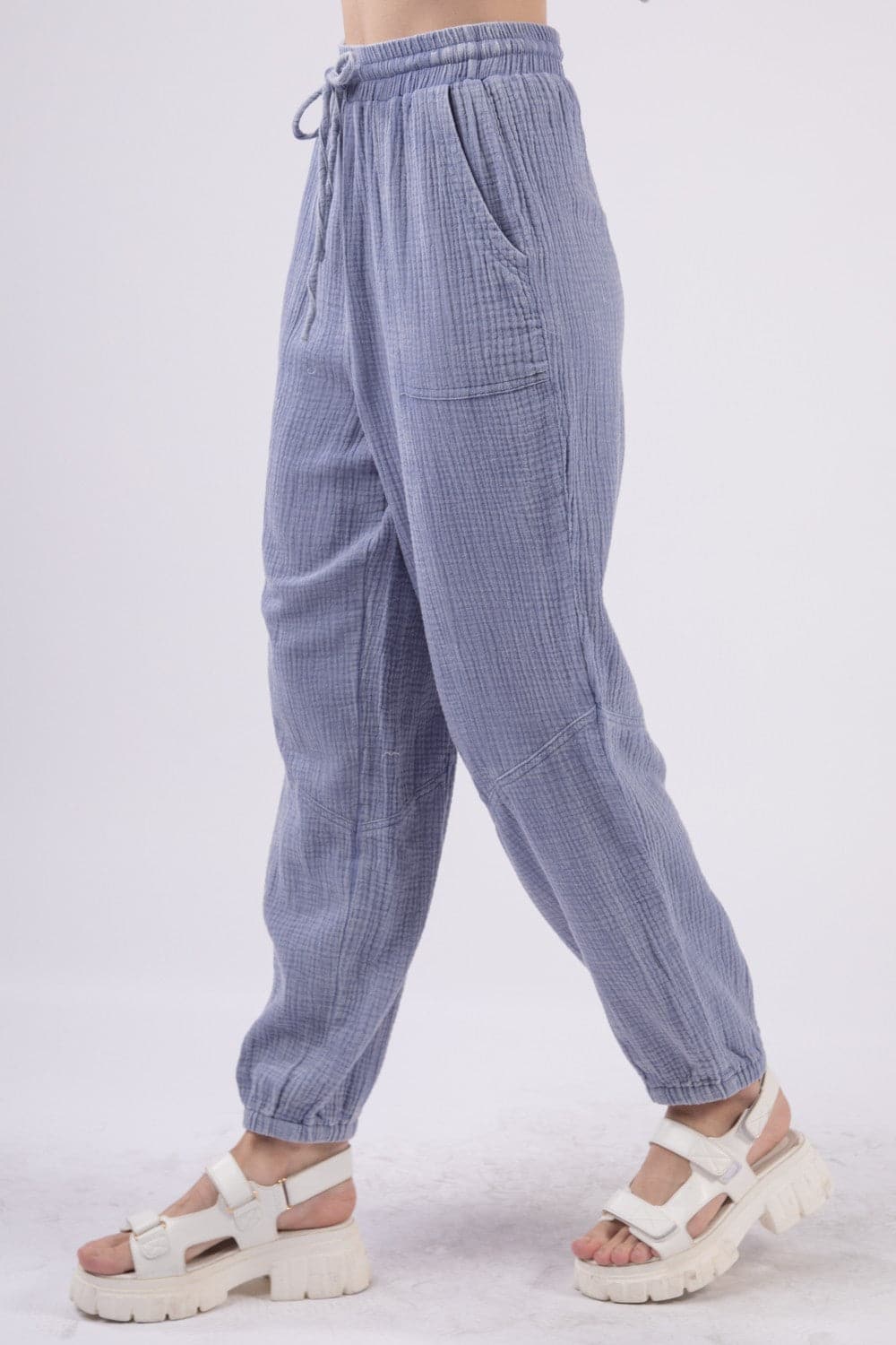 Trendy Utility Drawstring Cargo Pants in Washed Crinkle Gauze