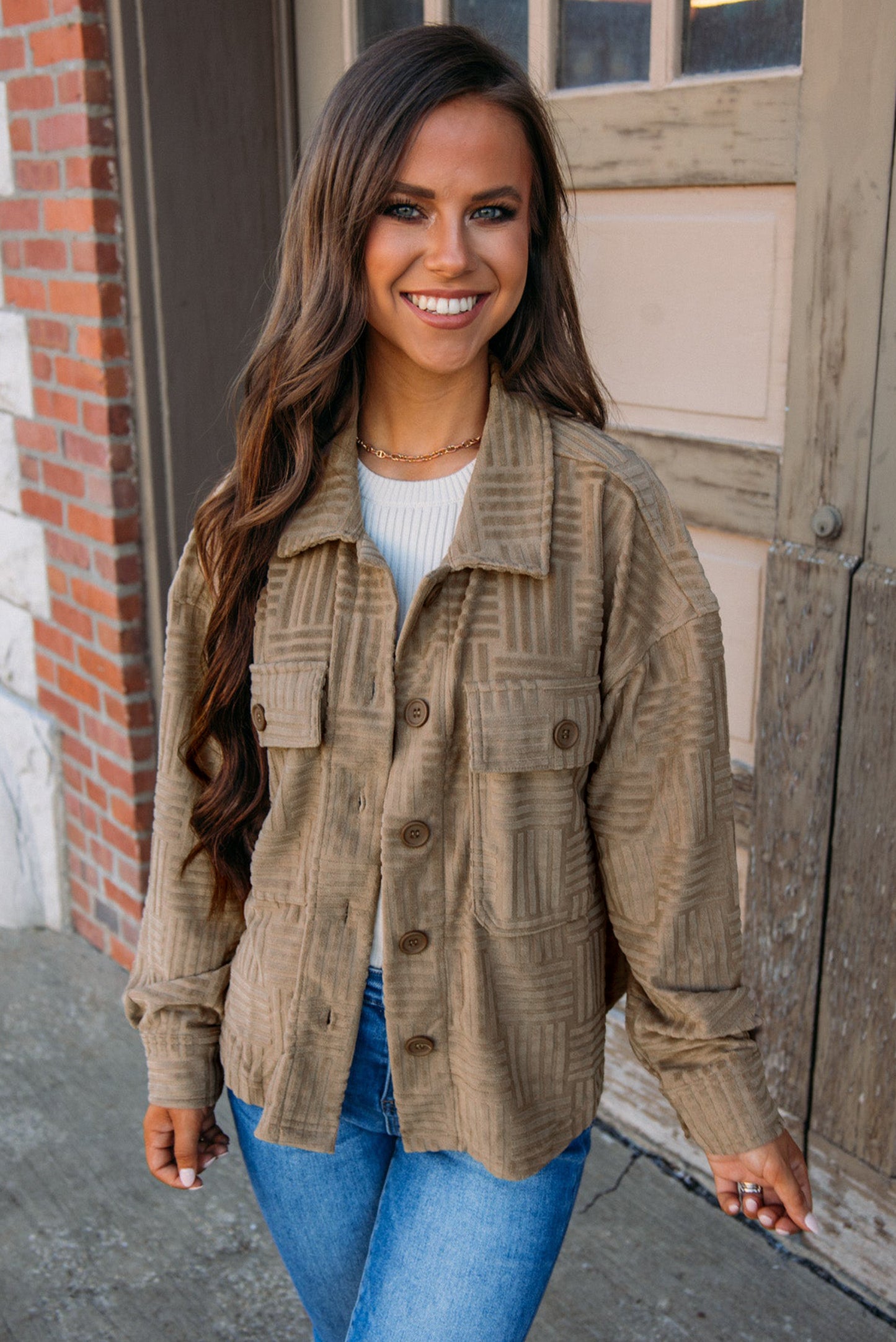 Chic dark khaki textured shacket with chest pockets