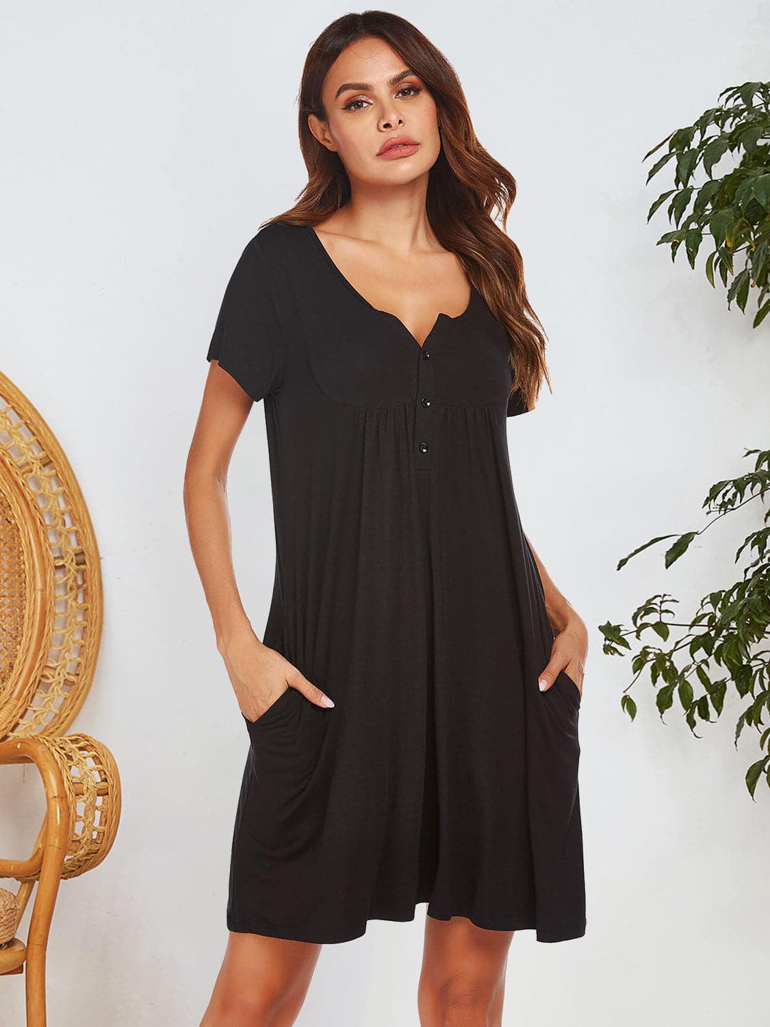 Notched Short Sleeve Mini Lounge Dress.