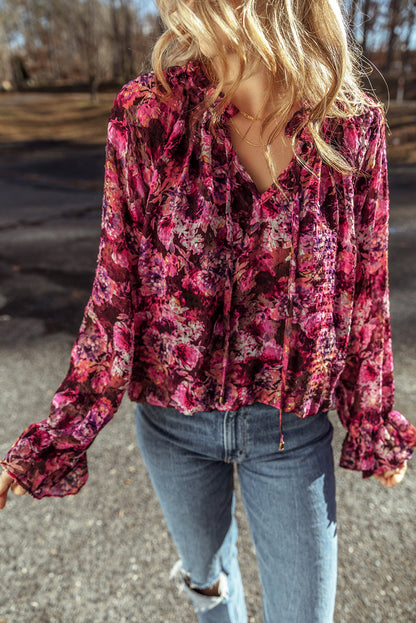 Chic rose red floral ruffled blouse with drawstring detail