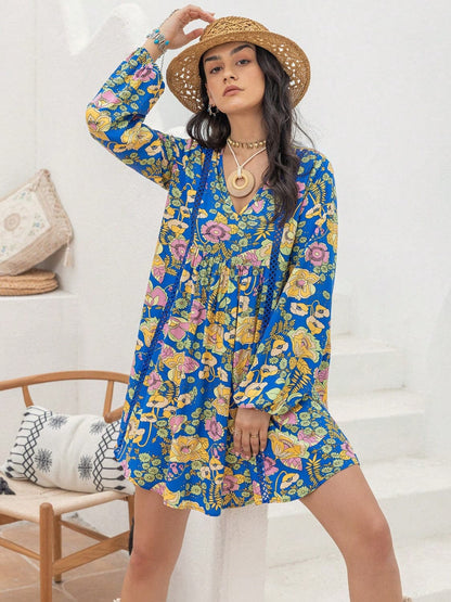 Printed V-Neck Balloon Sleeve Mini Dress.