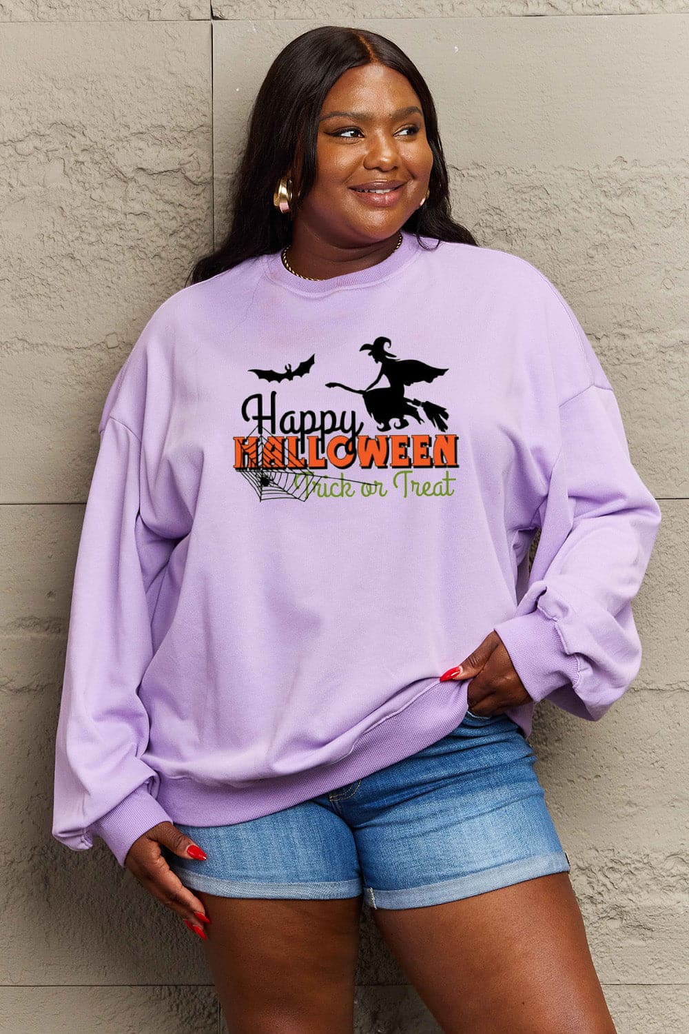 Simply Love Full Size HAPPY HALLOWEEN TRICK OR TREAT Graphic Sweatshirt.