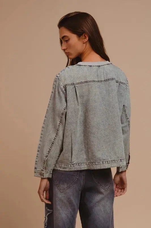 BiBi Mineral Washed Checkered Round Neck Denim Top - Love Salve 