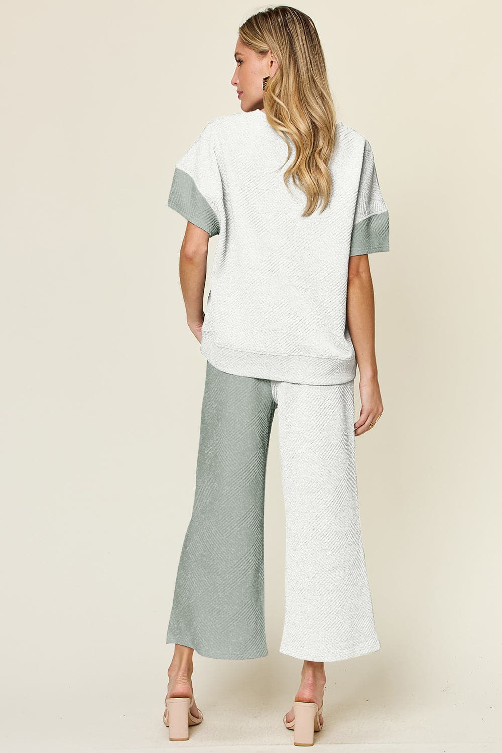 Double Take Full Size Texture Contrast T-Shirt and Wide Leg Pants Set.