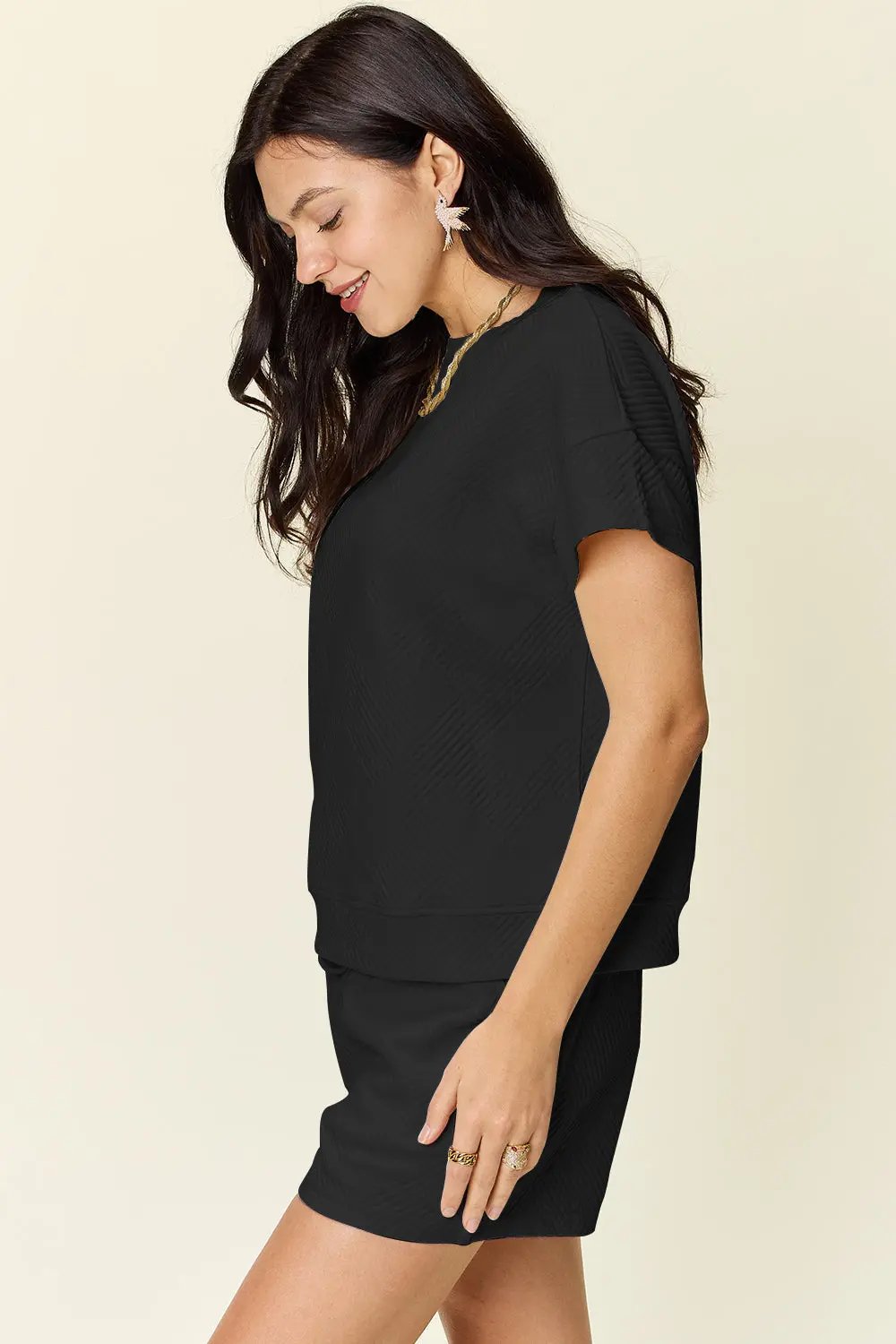 Double Take Full Size Texture Short Sleeve T-Shirt and Drawstring Shorts Set - Love Salve