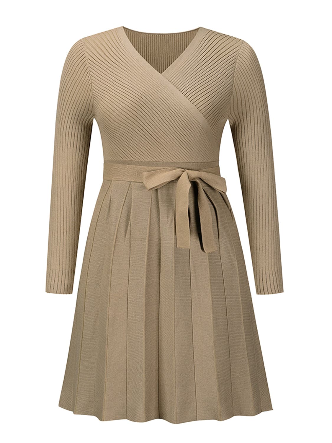 Surplice Neck Tie Front Pleated Sweater Dress.