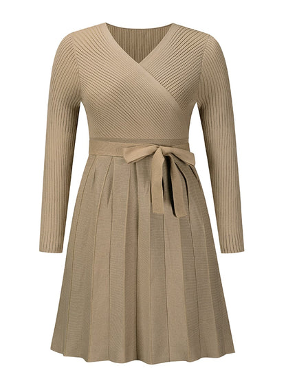 Surplice Neck Tie Front Pleated Sweater Dress.