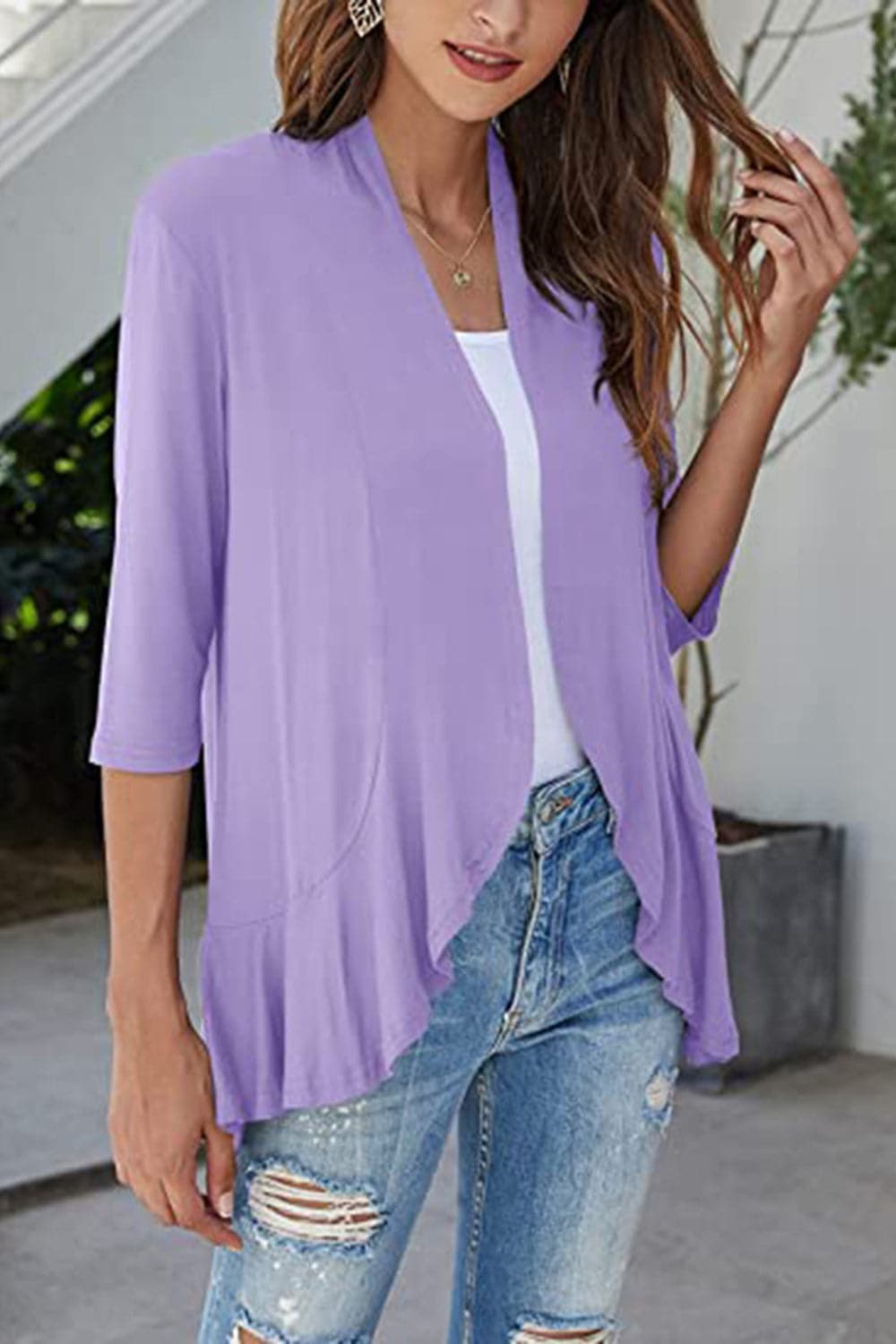 Open Front Three-Quarter Sleeve Cardigan.