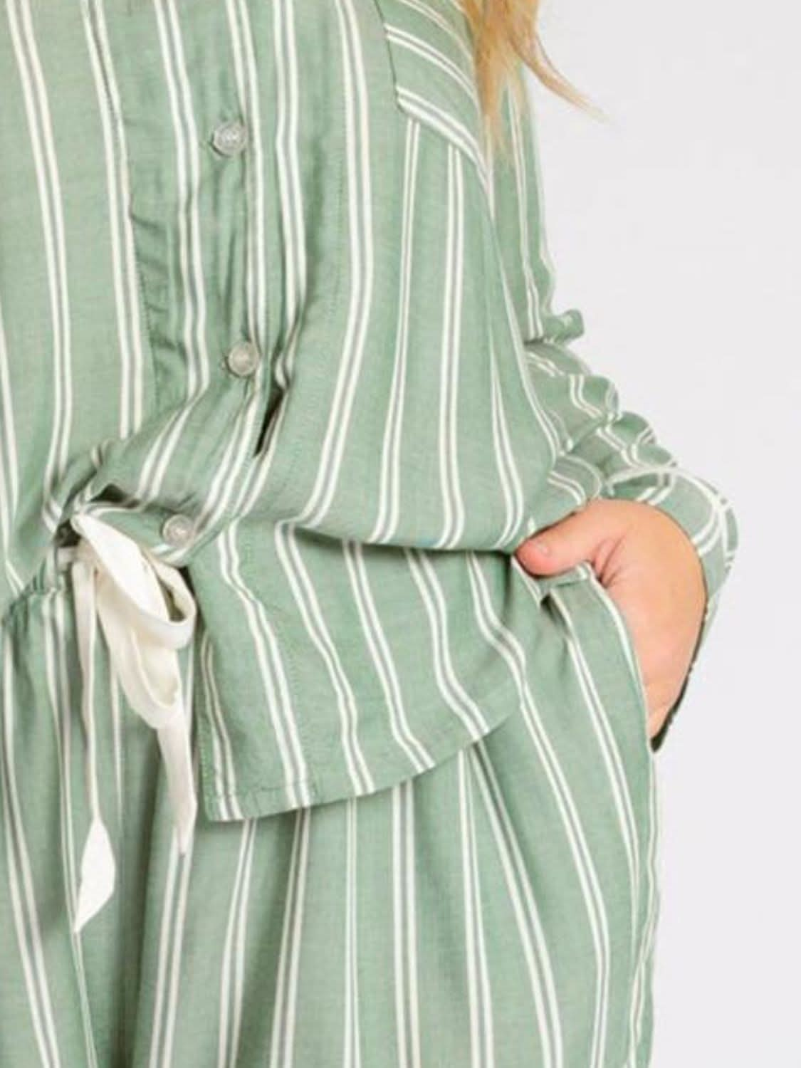 Button-Up Striped Long Sleeve Lounge Set with Collared Top and Shorts