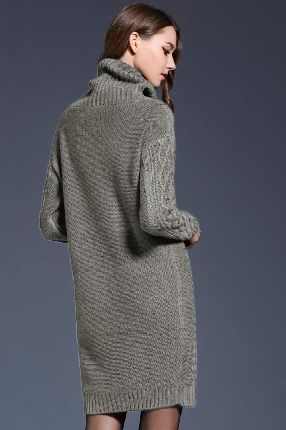 Woven Right Full Size Mixed Knit Cowl Neck Dropped Shoulder Sweater Dress.