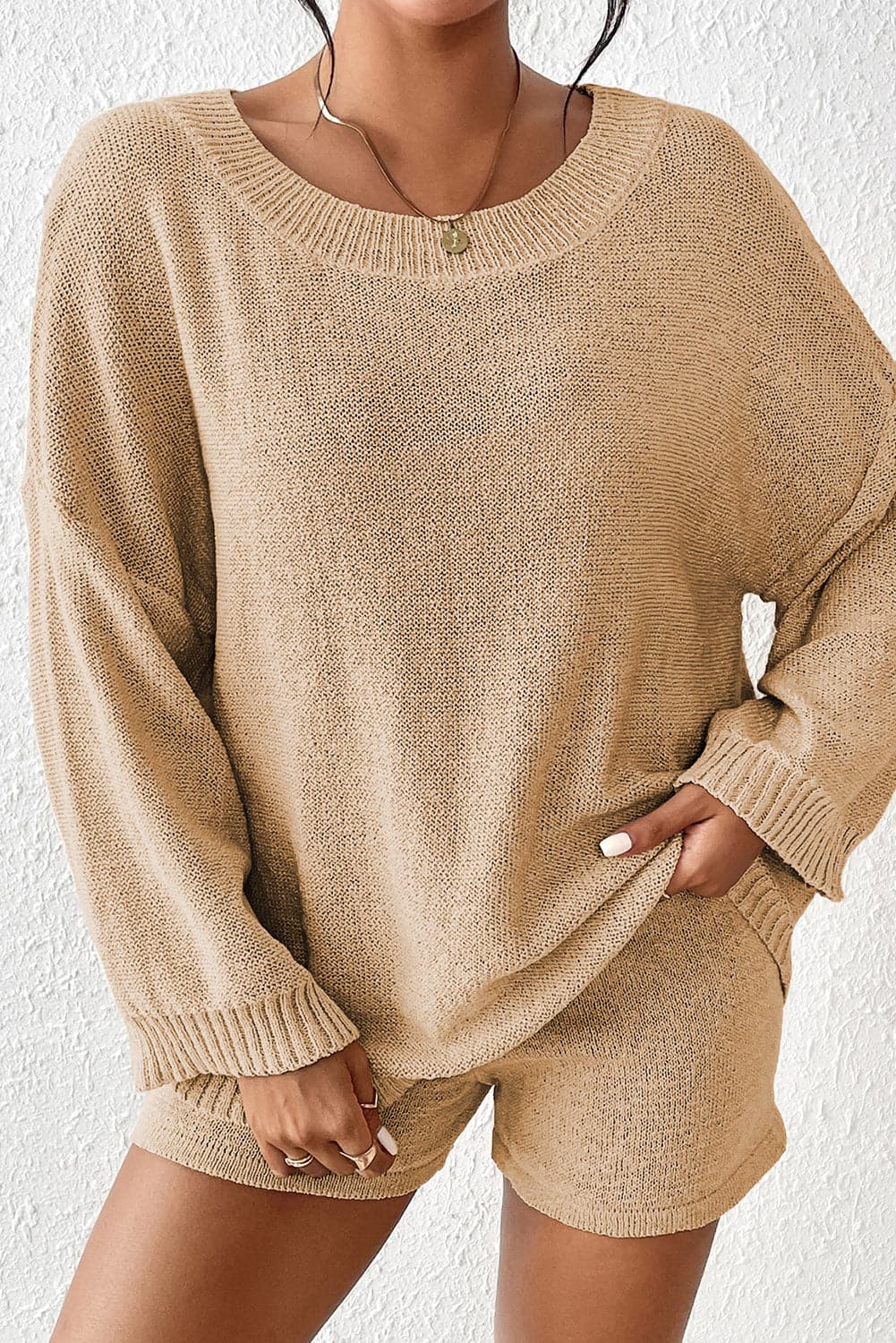 Round Neck Dropped Shoulder Sweater and Drawstring Pants Set.