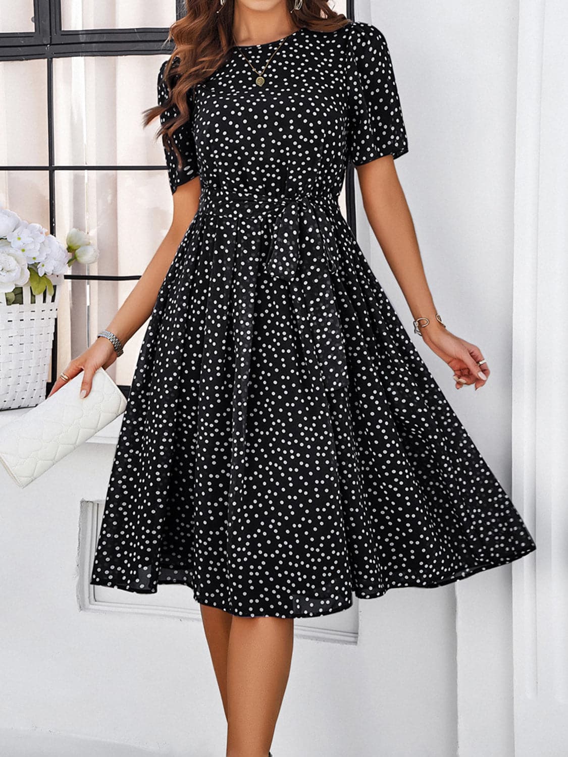 Printed Round Neck Short Sleeve Dress.