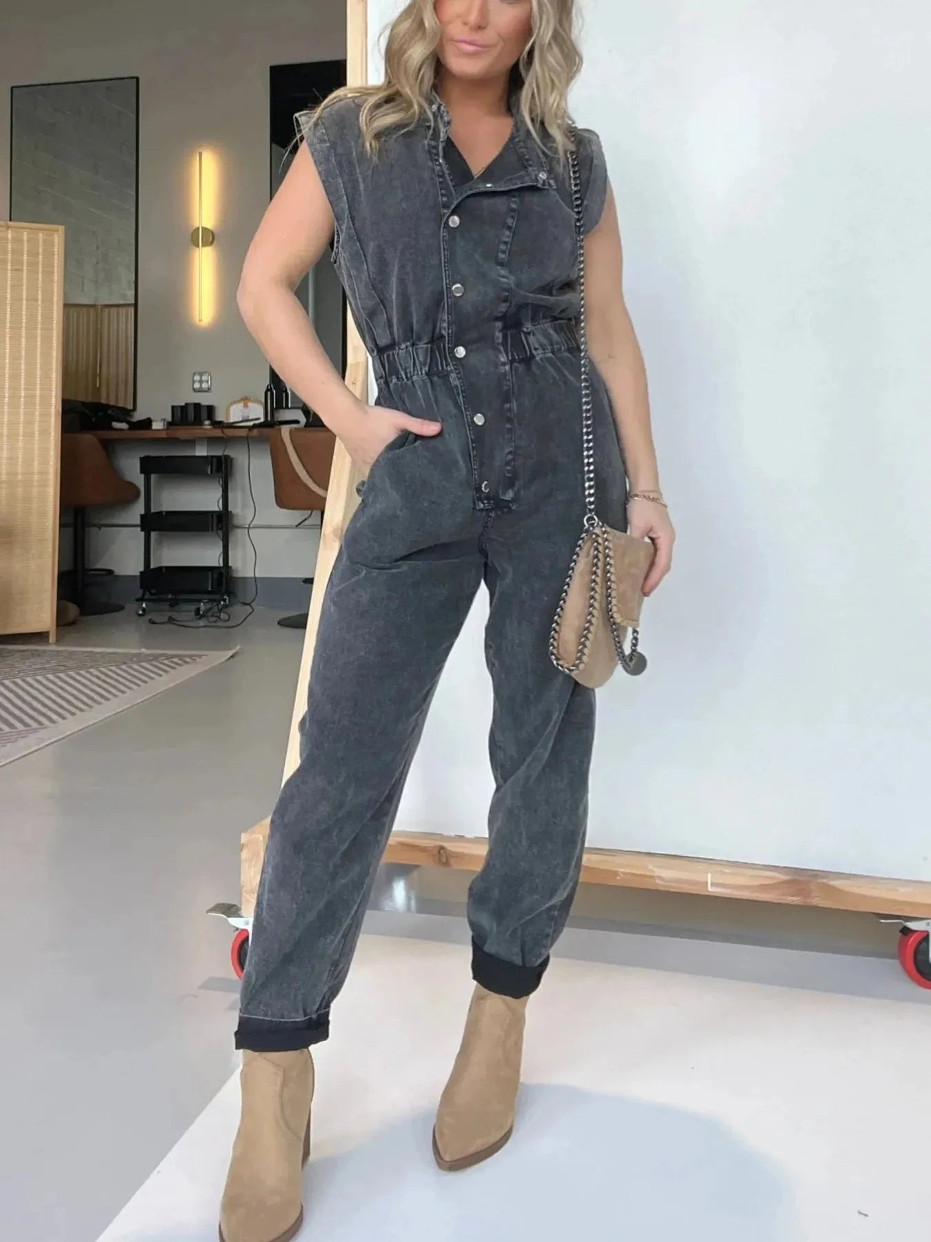 Full Size Button Front Cap Sleeve Denim Jumpsuit Plus Size Coco’s Tee Boutique