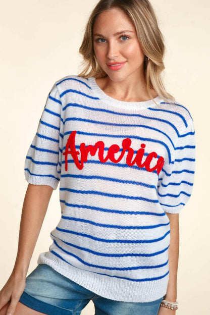 Haptics Letter Embroidery Striped Knit Top.