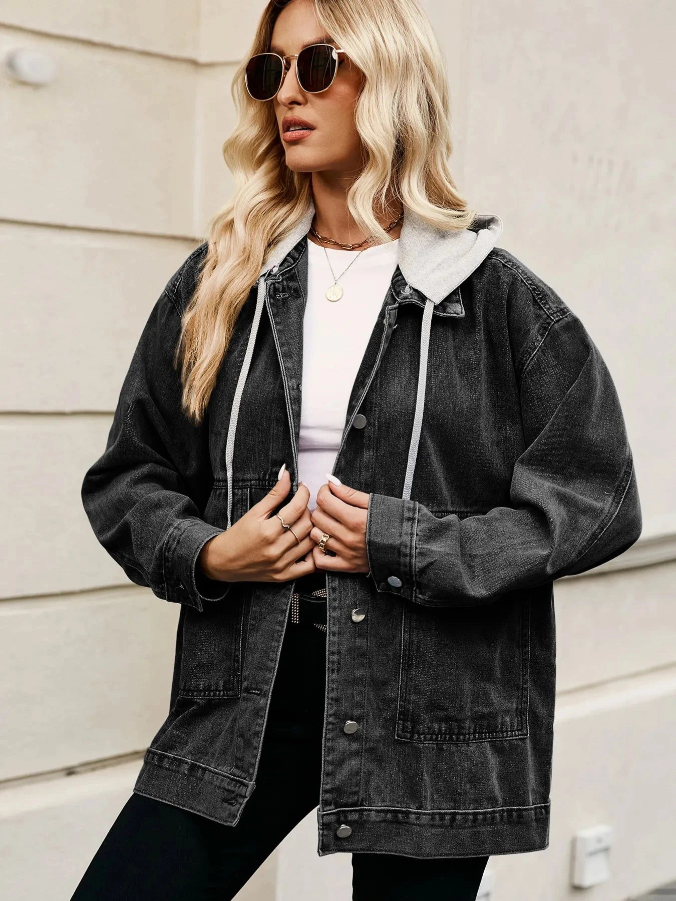 Oversized Button Up Denim Jacket with Hood Coco’s Tee Boutique