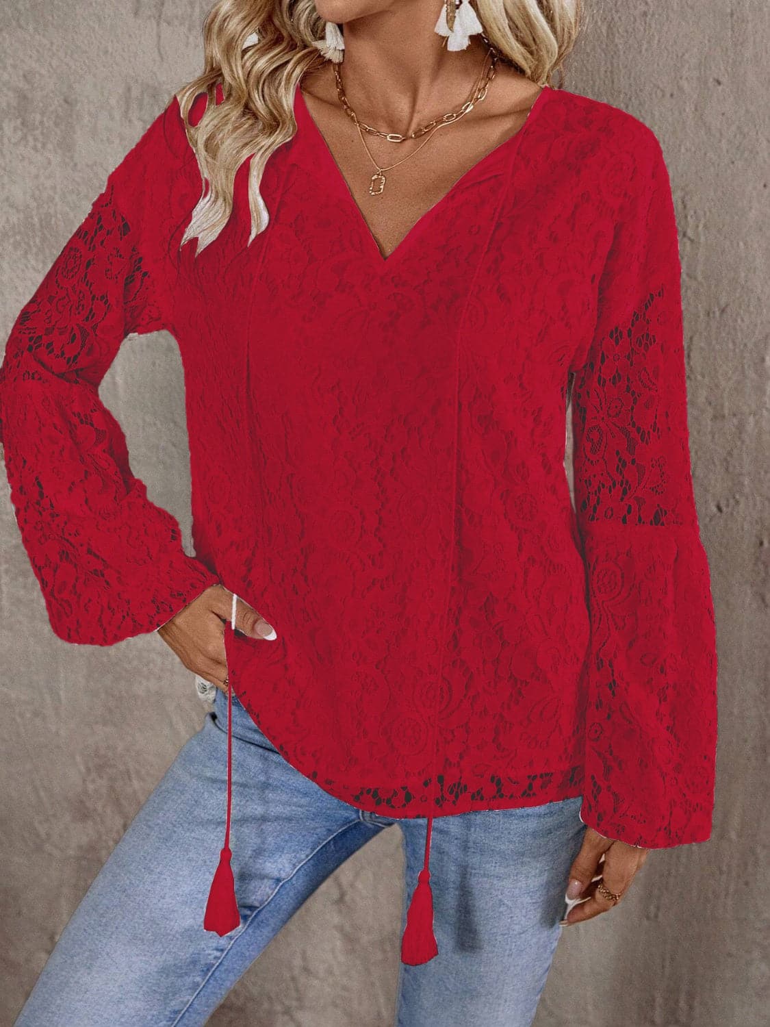 Lace Tie Neck Long Sleeve Blouse.