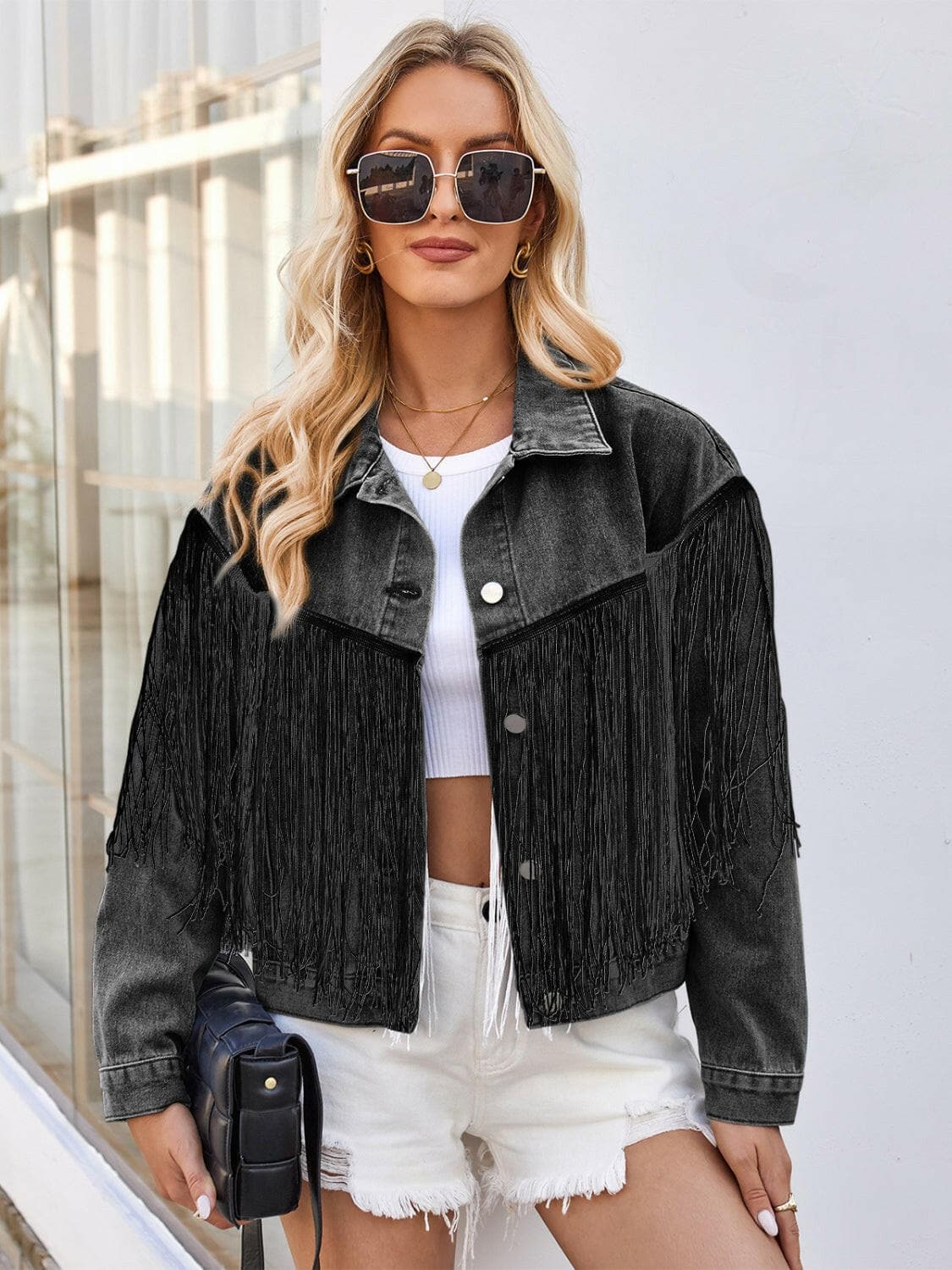 Tassel Accent Drop Sleeve Denim Jacket.