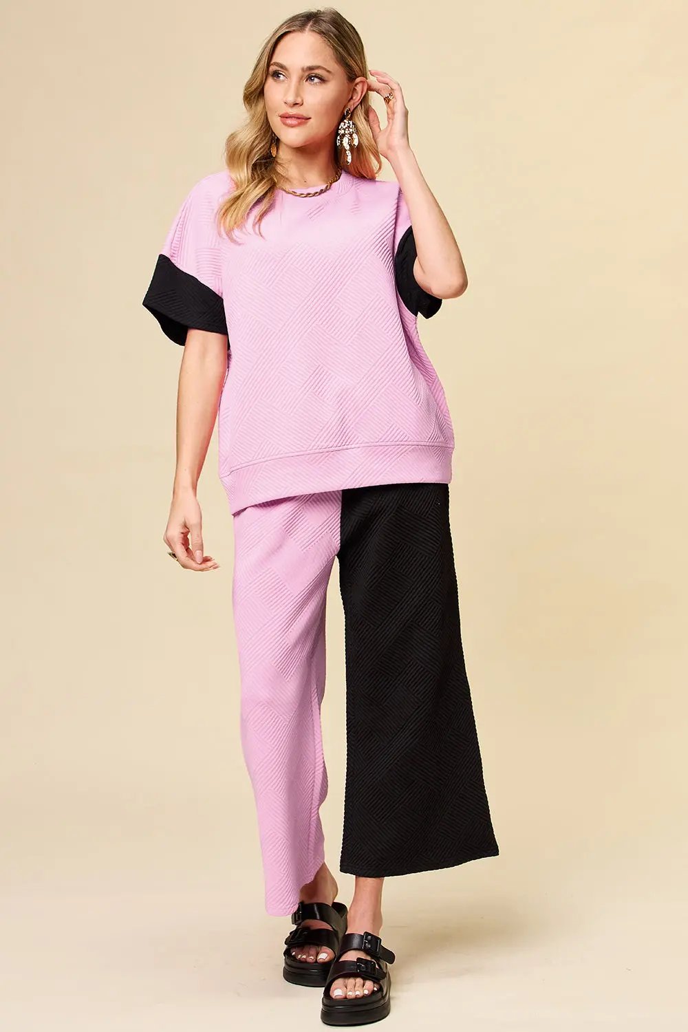 Double Take Full Size Texture Contrast T-Shirt and Wide Leg Pants Set - Love Salve