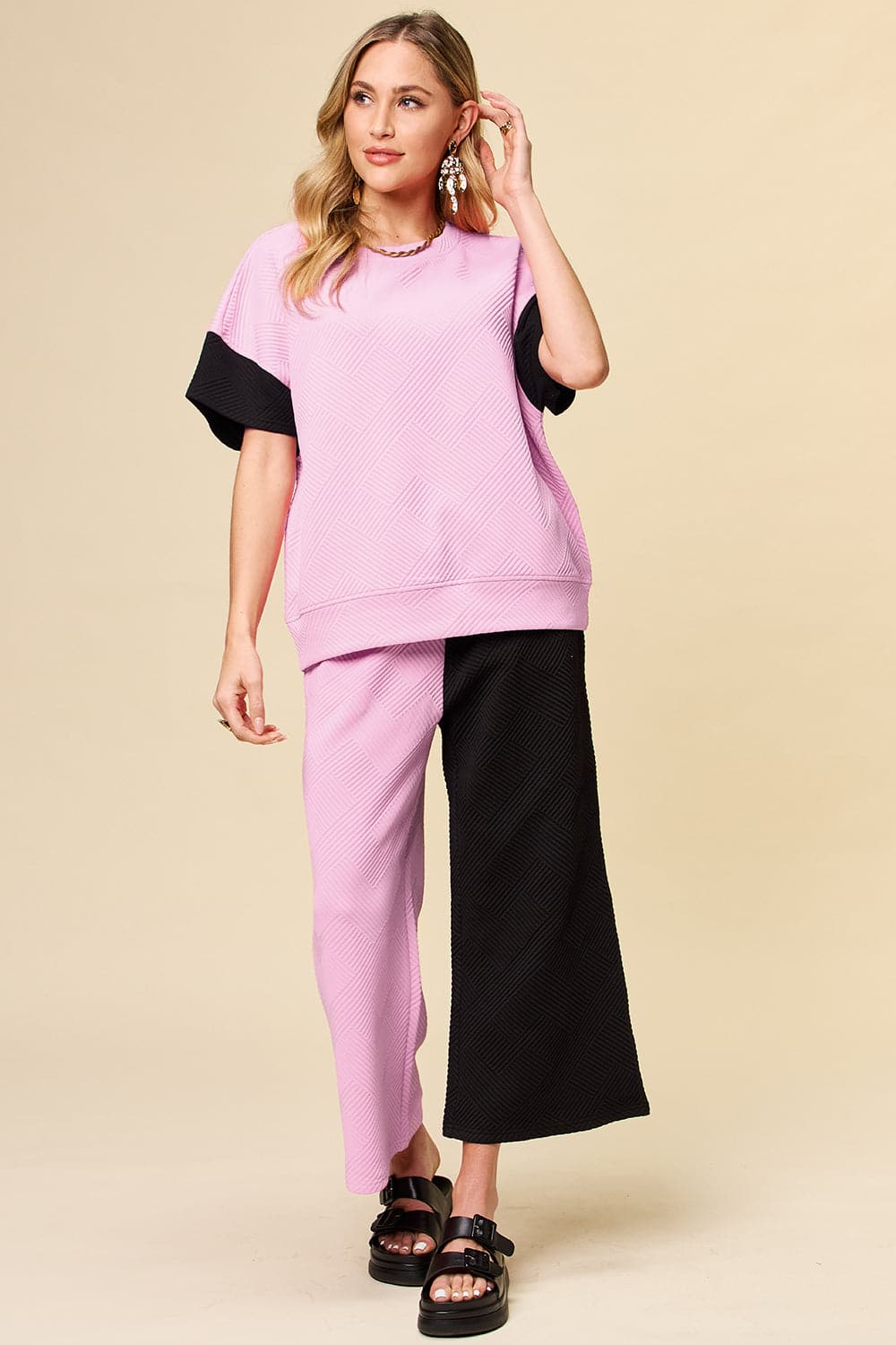 Double Take Full Size Texture Contrast T-Shirt and Wide Leg Pants Set.