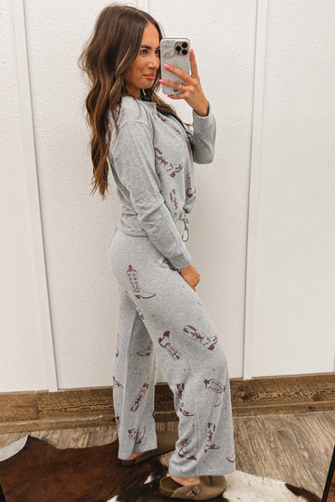 Gray cowgirl boot print lounge set with long sleeve top and adjustable pants