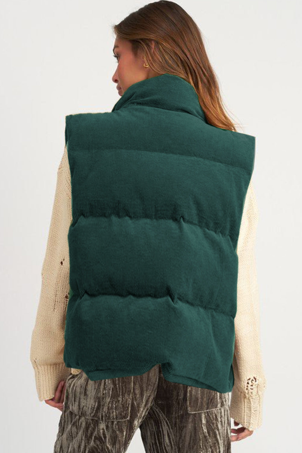 Jungle Green Corduroy Zipped Puffer Vest with Stand Neck Design