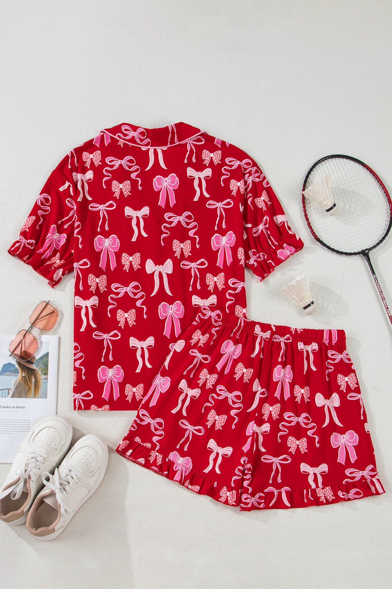 Red Sweet Bow Print Ruffled Short Sleeve Shirt Shorts Two Piece Pajama Set Dear-Lover Dropshipping