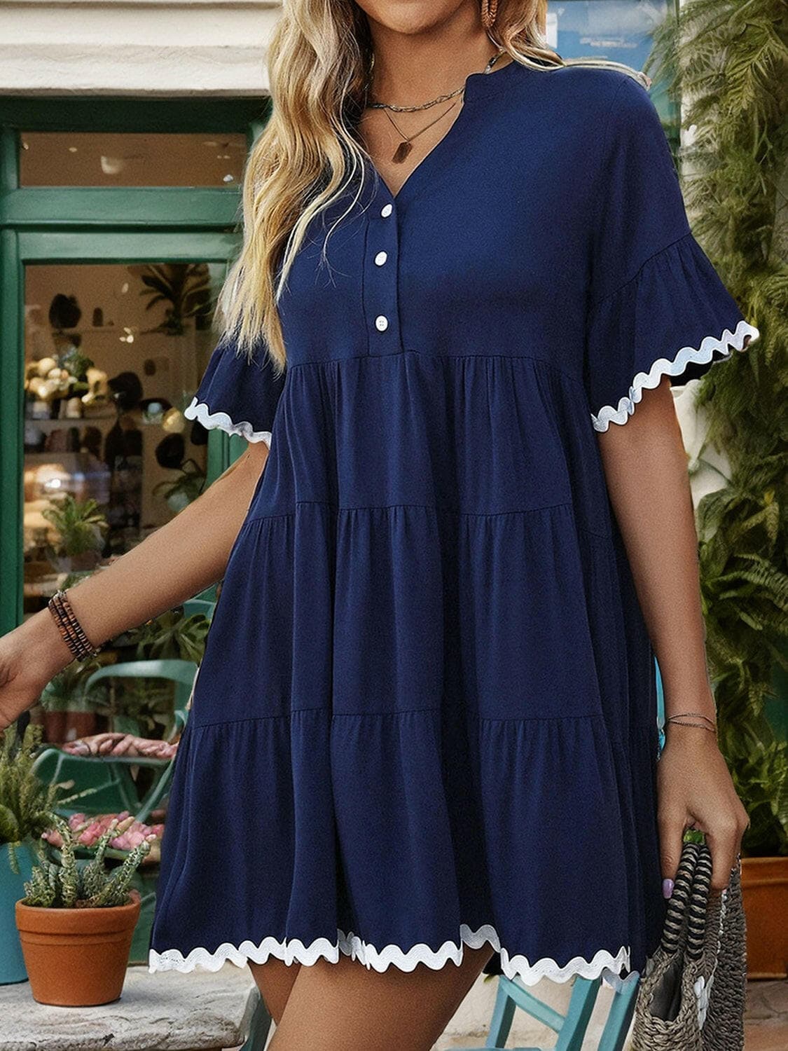 Contrast Trim Notched Short Sleeve Mini Dress.