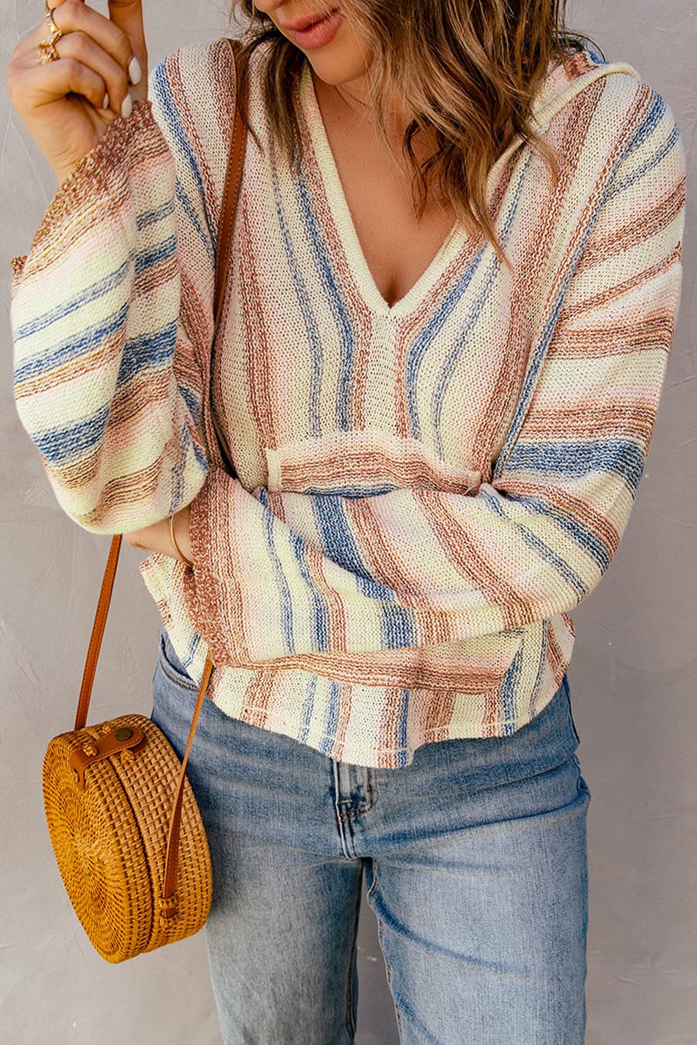 Striped Hooded Sweater with Kangaroo Pocket.