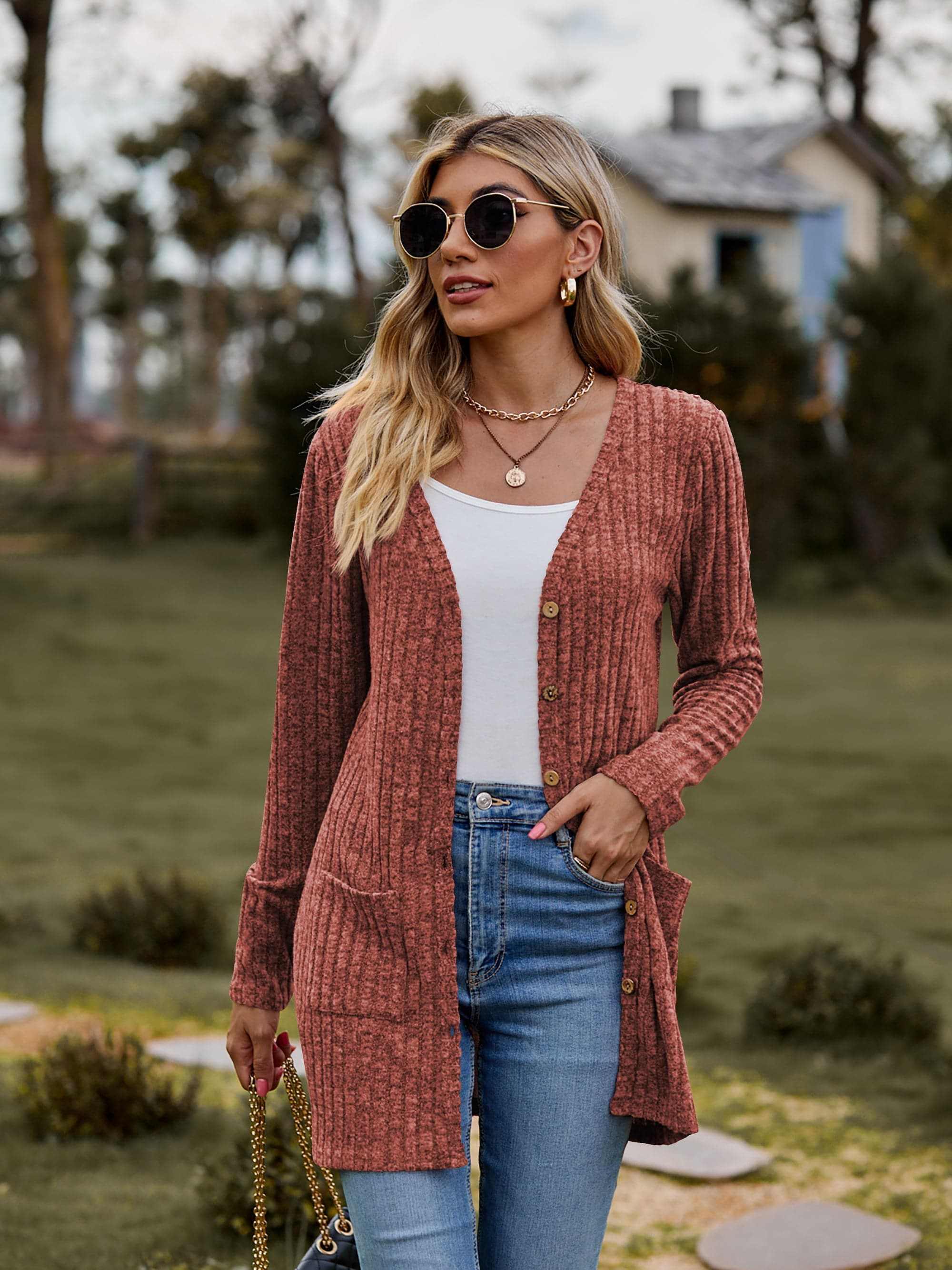 Heathered ribbed cardigan with pockets - Love Salve 