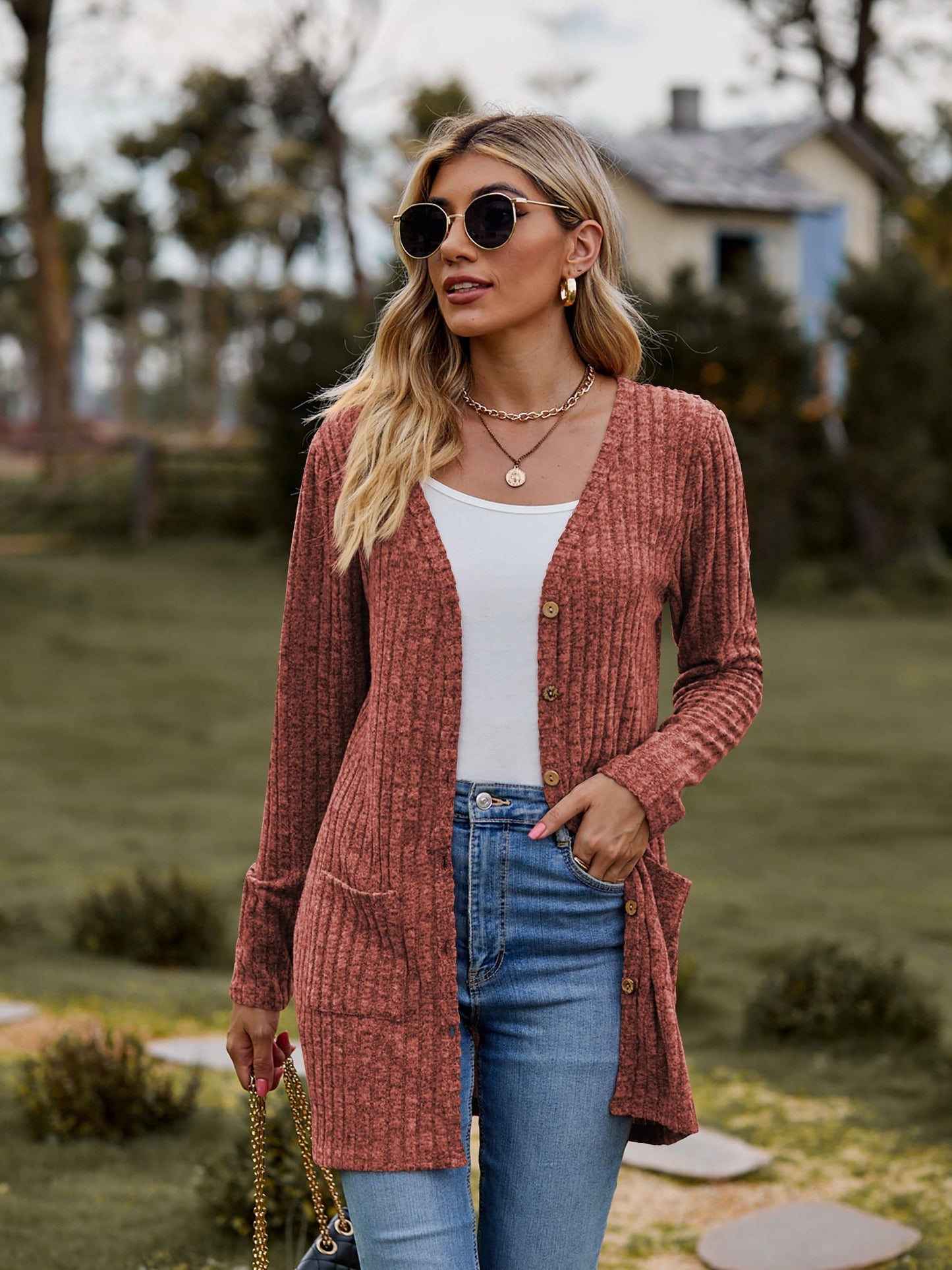 Ribbed Button-Up Cardigan with Pockets.