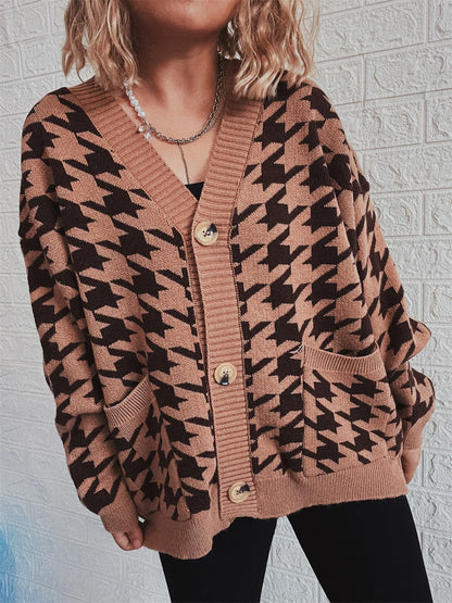 Houndstooth Botton Front  Cardigan with Pockets.