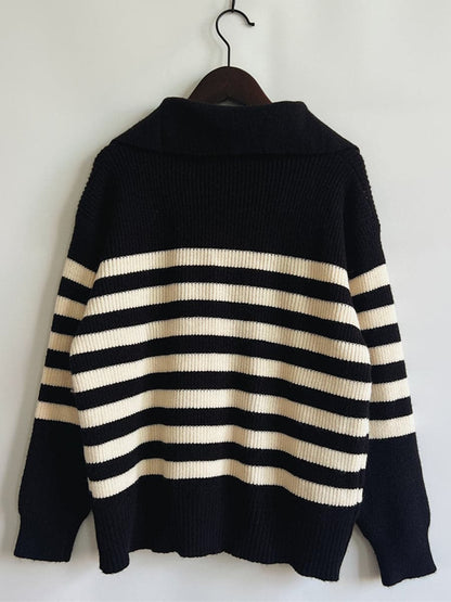 Striped Half Zip Collared Sweater.