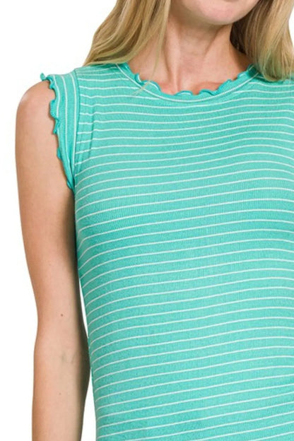 Zenana Ribbed Ruffle Trim Sleeveless Stripe Top - Love Salve 