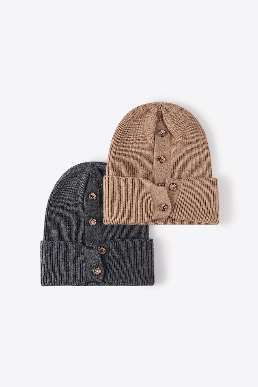 Button Detail Rib-Knit Cuff Beanie.