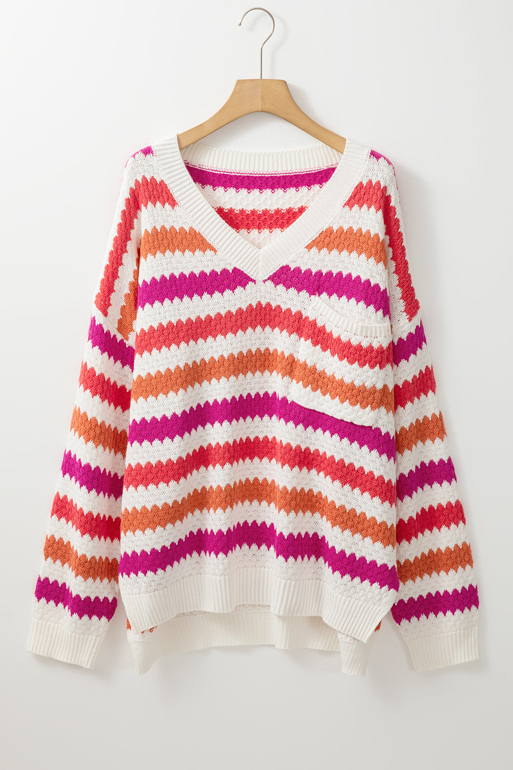 Chic pink striped v-neck plus size sweater with drop shoulders