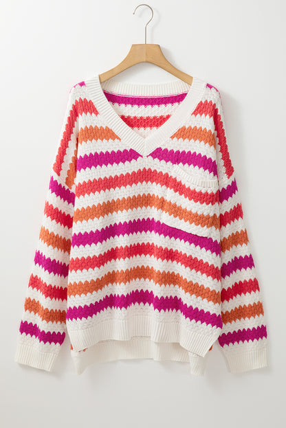 Chic pink striped v-neck plus size sweater with drop shoulders