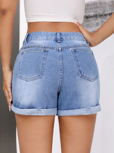 Rolled Hem Mid-Rise Waist Denim Shorts.