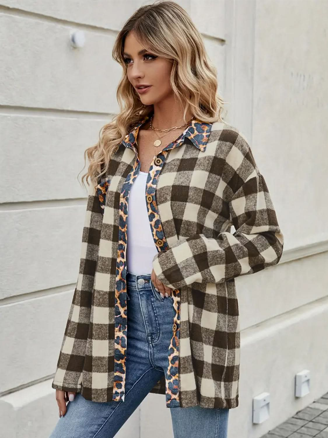 Plaid Long Sleeve Shirt with Leopard Trim Collar