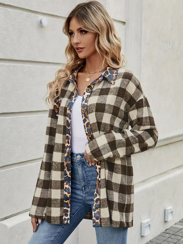 Plaid Long Sleeve Shirt with Leopard Trim Collar