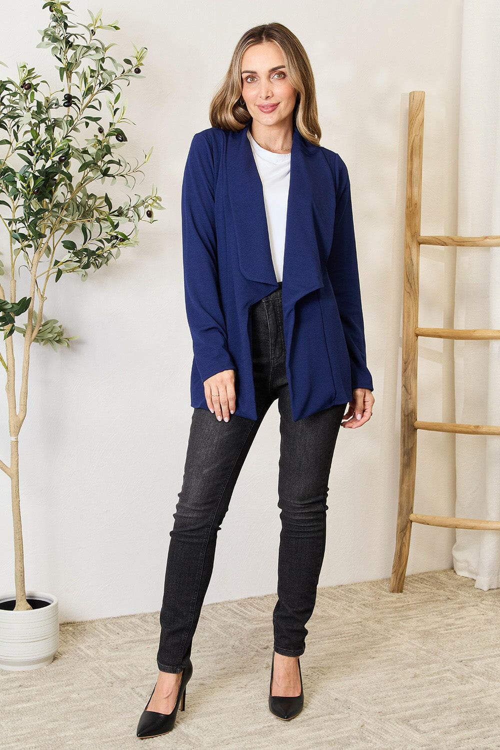 Heimish Full Size Statement Neck Open Front Blazer.