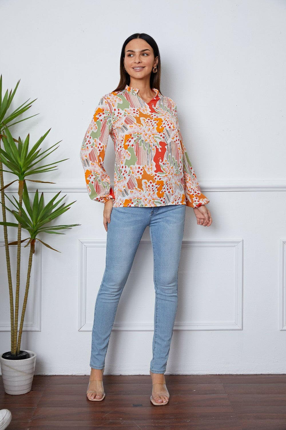 Floral Frill Notched Long Sleeve Blouse.