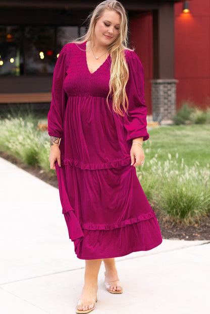 Elegant rose red velvet plus size maxi dress with ruffled tiers and V-neck