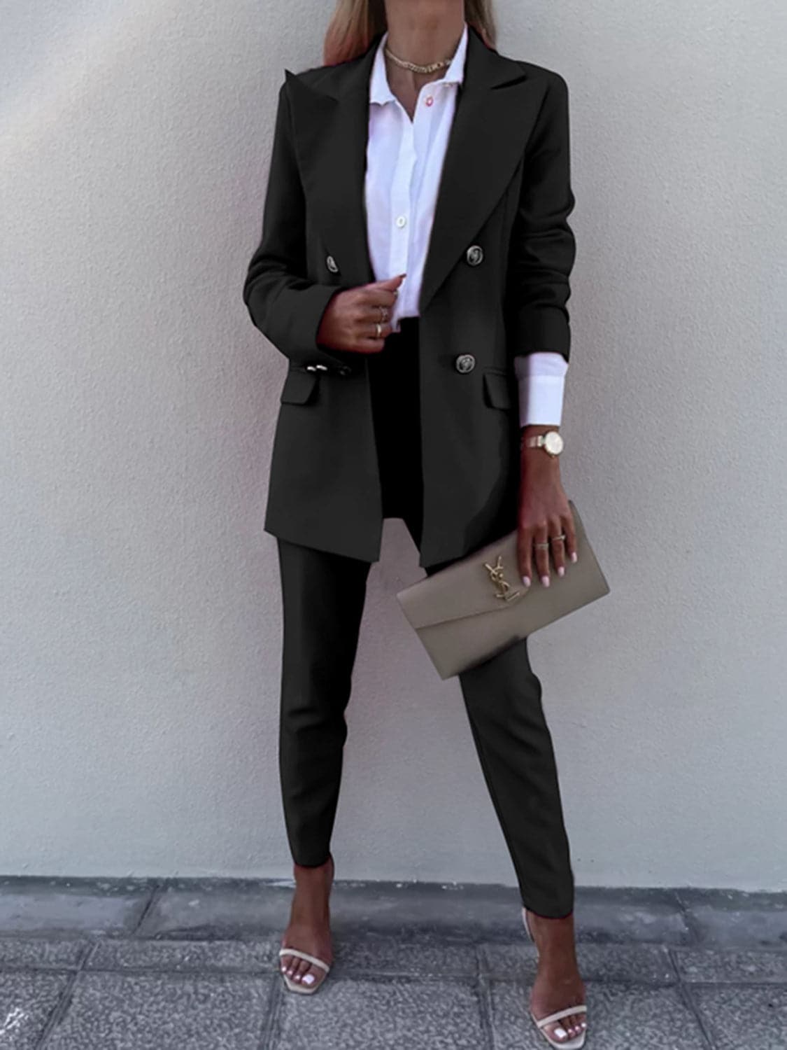 Lapel Collar Long Sleeve Blazer and Pants Set.