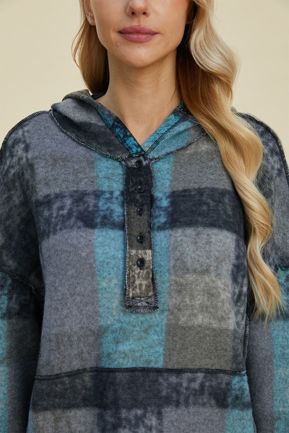 Double Take Full Size Plaid Dropped Shoulder Hoodie.