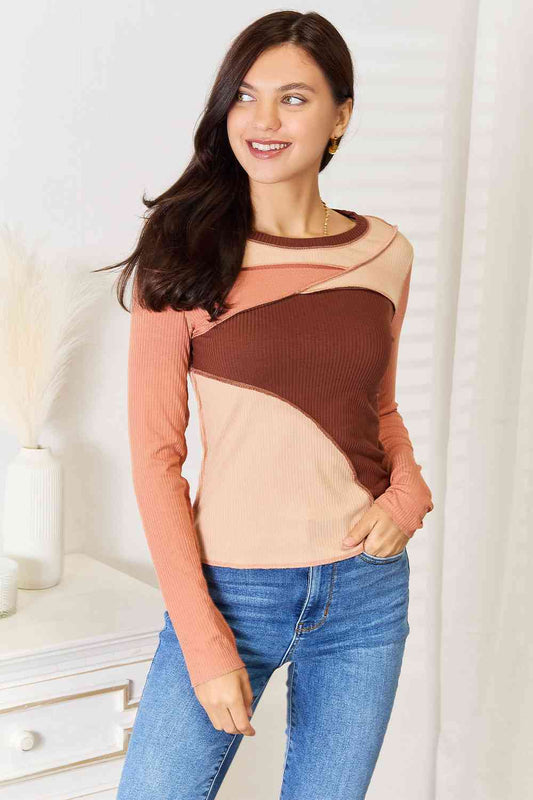 Double Take Color Block Exposed Seam Long Sleeve Top - Love Salve