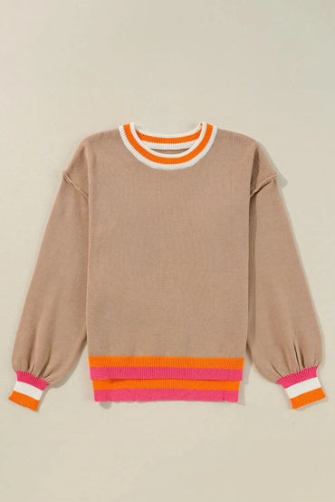 Contrast Round Neck Long Sleeve Sweater