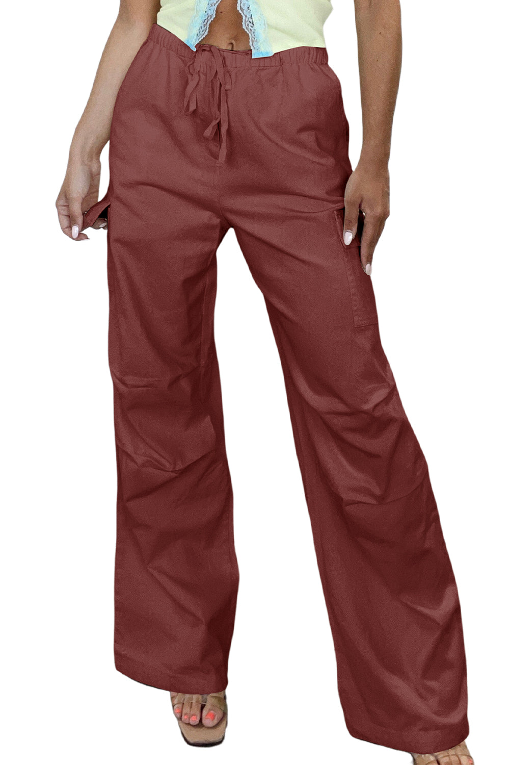 Chic mineral red wide-leg cargo pants with drawstring waist