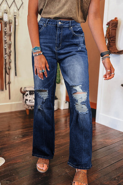 High-rise dusk blue acid wash ripped jeans