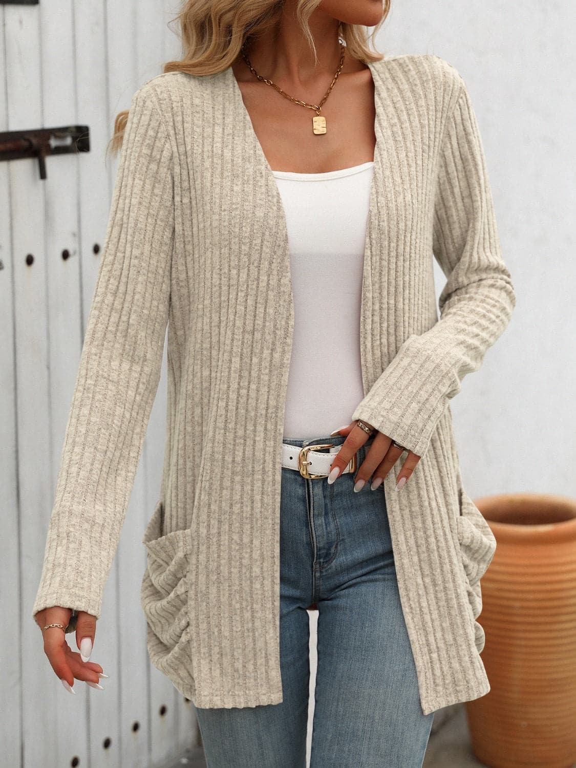 Open Front Long Sleeve Ribbed Cardigan.