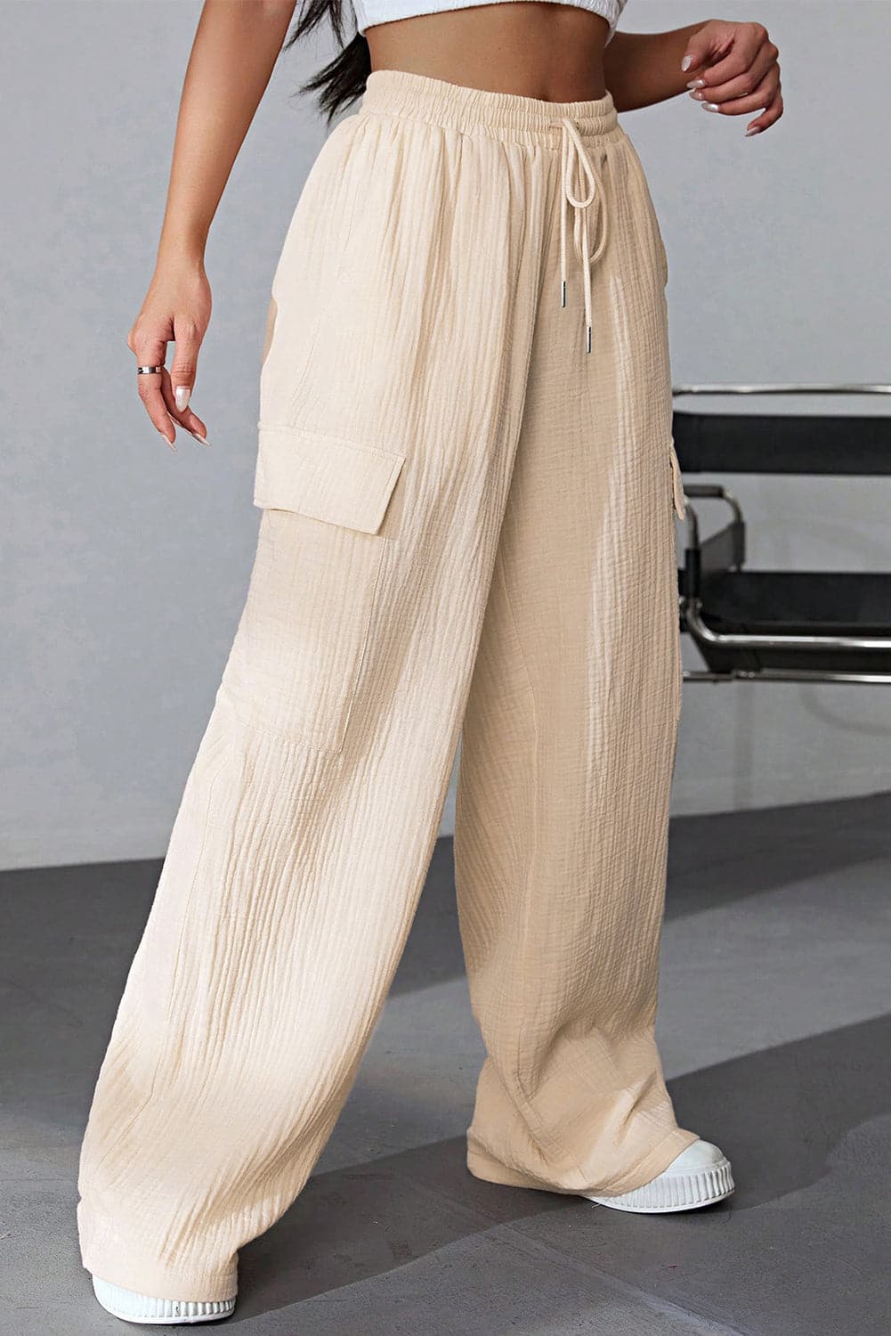 Drawstring Pocketed Wide Leg Pants.